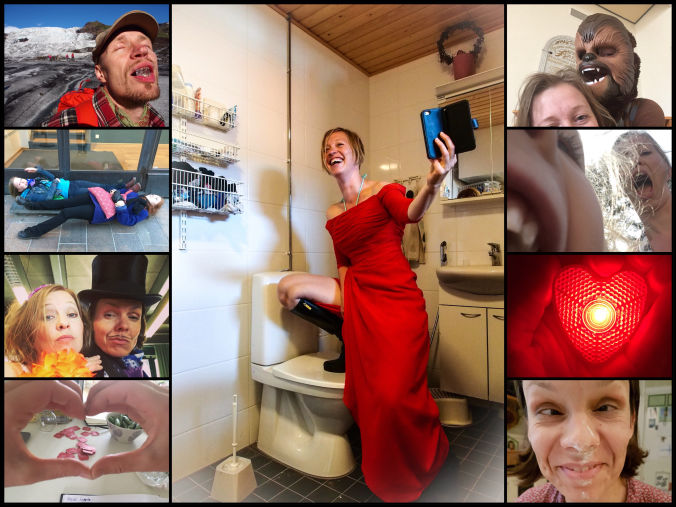 Kuvakollaasi, jossa keskellä on nainen punaisessa mekossa ottamassa selfietä. Reunoilla muun muassa kuva miehestä Islannissa, valosydän sekä käsin tehty sydän.